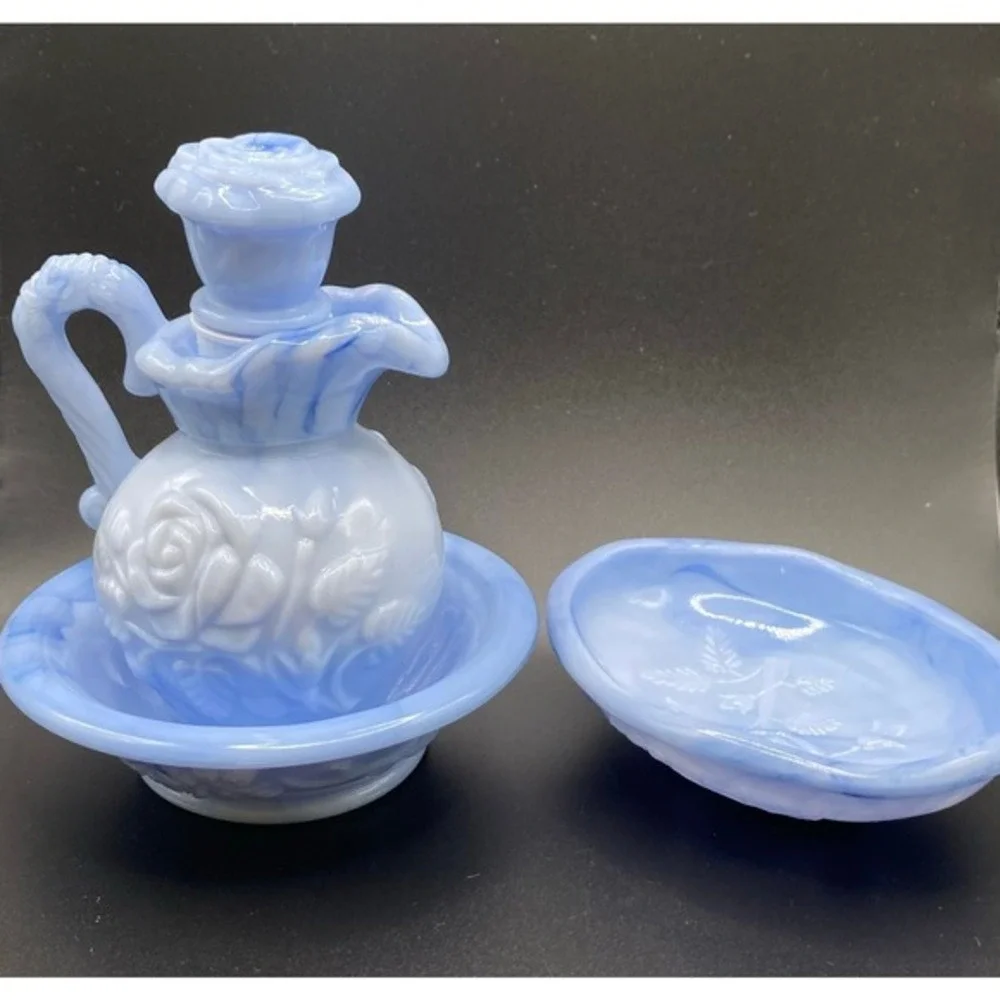 Vintage Avon Opalescent Blue Rose Scented Water Pitcher and Basin Set May 1978